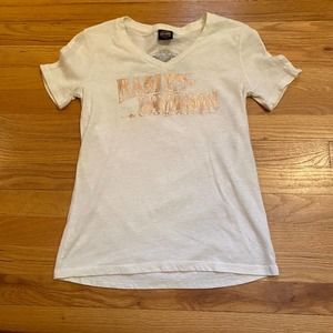 Harley Davidson Women's T-Shirt Sz S Mackinaw City Michigan Cream Cutouts Shiny